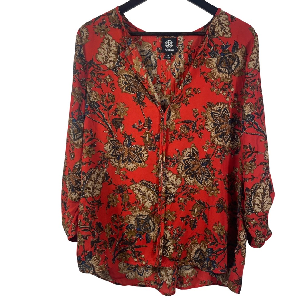 Bobeau Red Floral Print Blouse Women M Boho Peasant Top Long Sleeve Lightweight‎